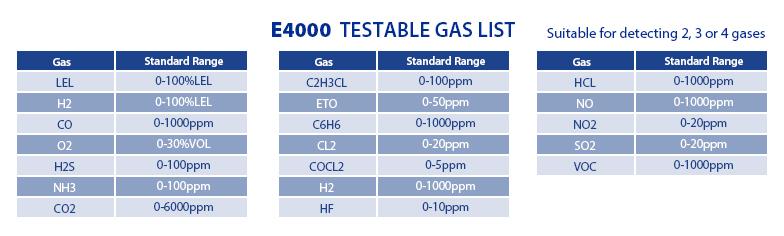 E4000 portable multi gas detector testable gas list